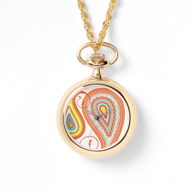 Orange Aqua Yellow Paisley  Modern Pattern Watch (Front)