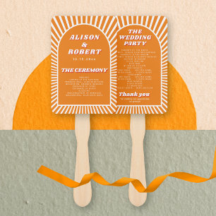 Orange arch and sunrays groovy wedding program hand fan