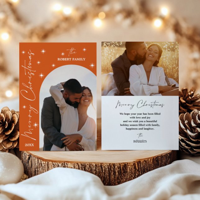 Orange Arch Modern Script 2 Photo Merry Christmas  Holiday Card (Creator Uploaded)