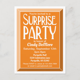 Orange Art Deco Beveled Birthday Surprise Party Invitation Postcard