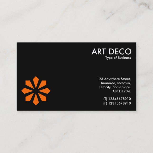 Orange Art Deco Flower Symbol - Black Business Card (Front)