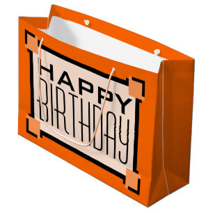 Orange Art Deco Geometric Happy Birthday Large Gift Bag