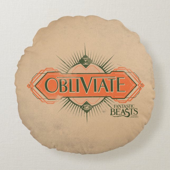 Orange Art Deco Obliviate Spell Graphic Round Cushion (Front)