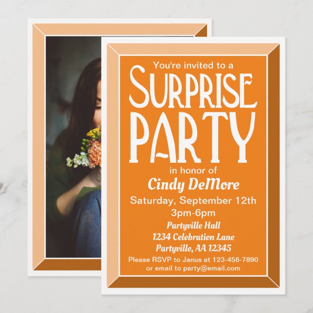 Orange Art Deco Photo Birthday Surprise Party Invitation (Front/Back)