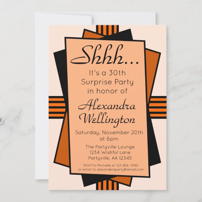 Orange Art Deco Surprise Party Birthday Invitation (Front)