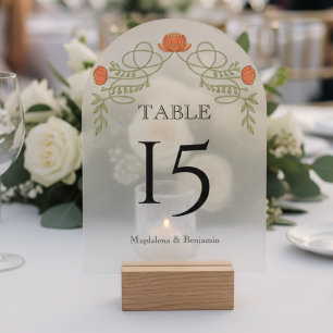 Orange Art Nouveau Floral Wedding Table Number