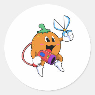 Orange as Hairdresser with Scissors & Hair dryer Classic Round Sticker