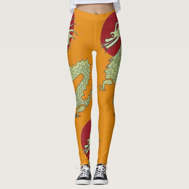 Orange Asian Dragon Leggings--Gold Dragon, Red Sun Leggings (Front)