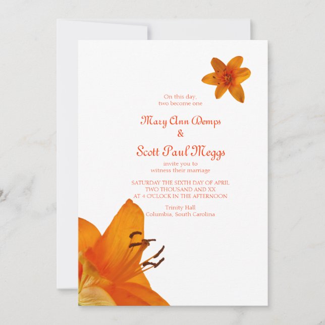Orange Asiatic Lily Wedding Invitation (Front)