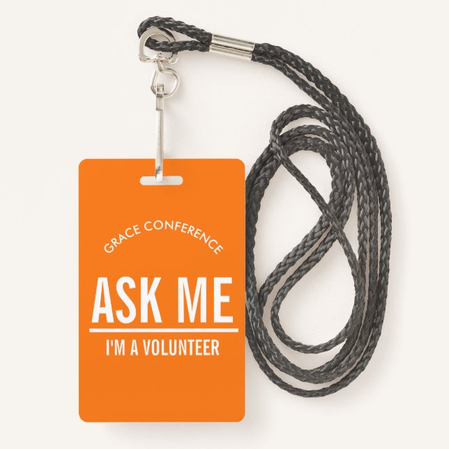 Orange Ask me I'm a volunteer id badge (Front with Lanyard)