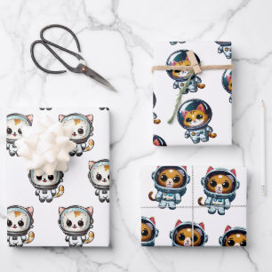 Orange Astronaut Cats in Space With Friends Cute W Wrapping Paper Sheet
