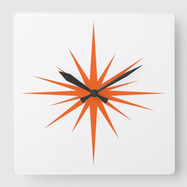 Orange Atomic Starburst Mid Century Modern Square Wall Clock (Front)
