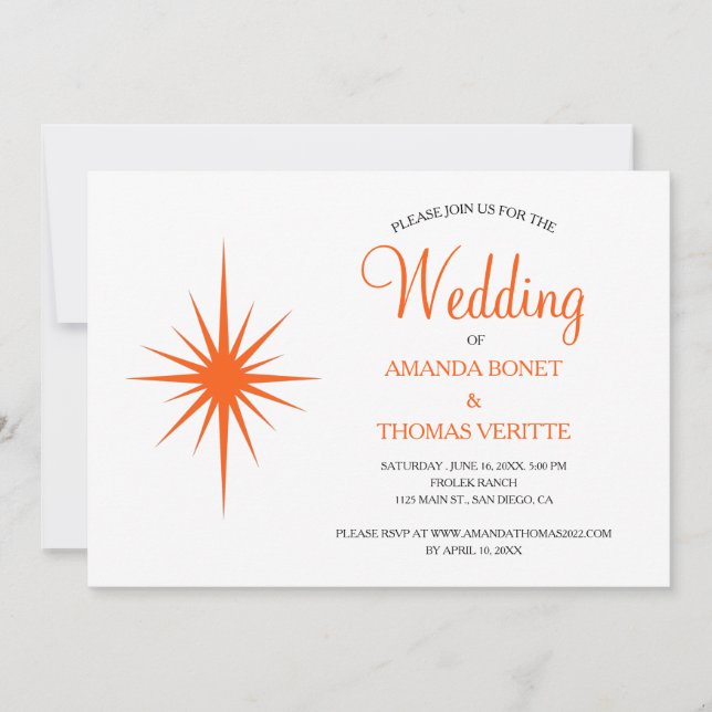 Orange Atomic Starburst Mid Century Wedding Invitation (Front)