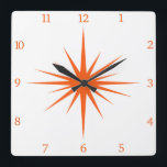 Orange Atomic Starburst Numbers Mid Century Square Wall Clock<br><div class="desc">This mid century modern square clock features a bold orange starburst with matching numbers,  which will make a fantastic addition to the walls of your home or office!</div>