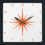 Orange Atomic Starburst Numbers Mid Century Square Wall Clock<br><div class="desc">This mid century modern square clock features a bold orange starburst with matching numbers,  which will make a fantastic addition to the walls of your home or office!</div>