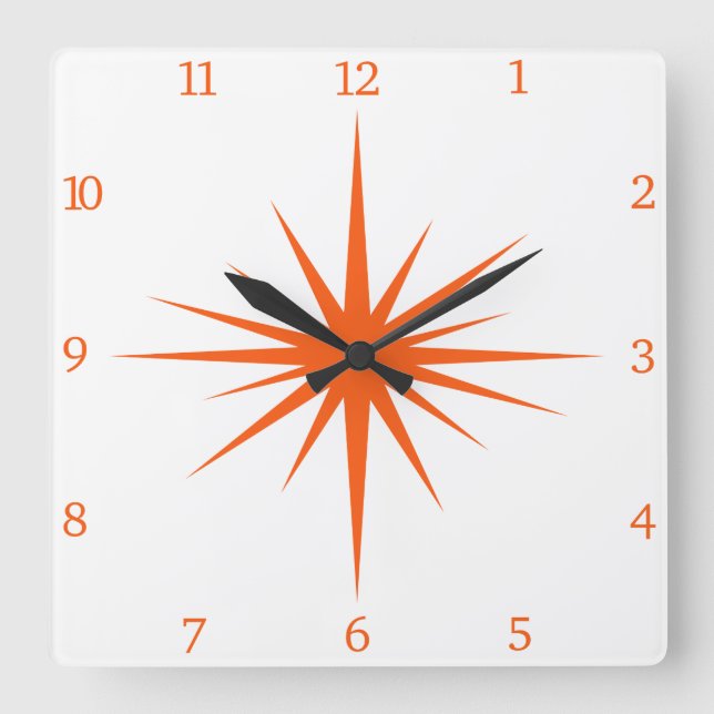 Orange Atomic Starburst Numbers Mid Century Square Wall Clock (Front)