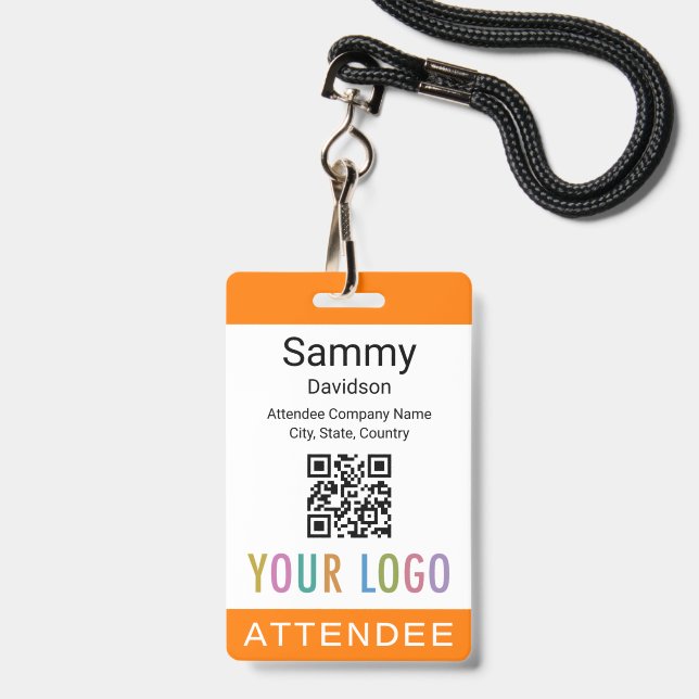 Orange Attendee Badge Event Guest QR Code Logo ID Badge (Front with Lanyard)