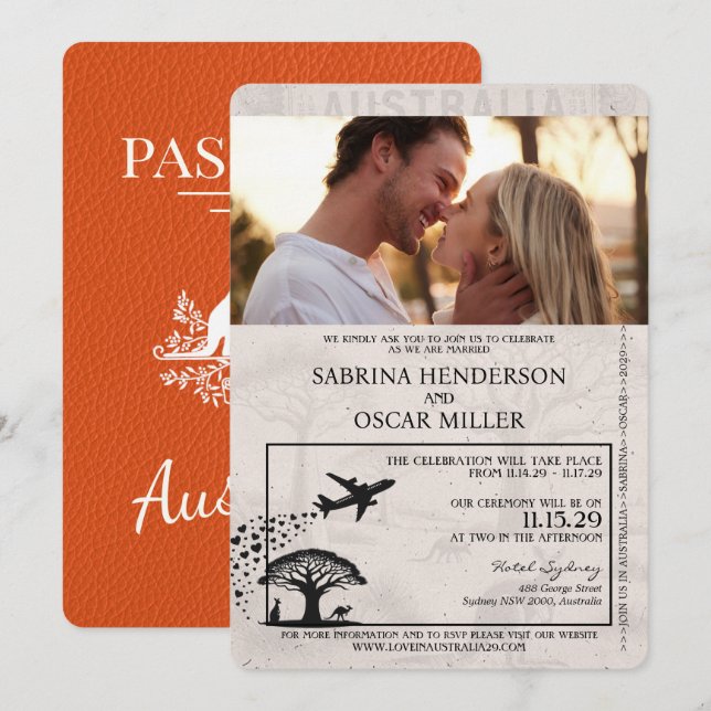 Orange Australia Passport Wedding Invitation (Front/Back)