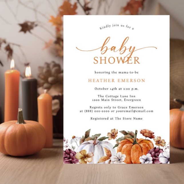 Orange Autumn Baby Shower Invitation (Fall Burnt Orange Baby Shower Invitation Autumn White Pumpkins Watercolor Burgundy Florals)