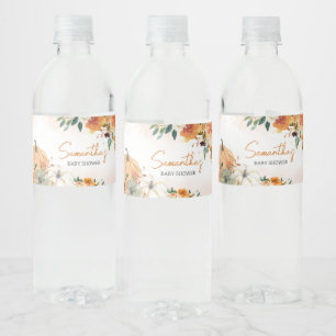 Orange Autumn Fall Floral Pumpkin Baby Shower Water Bottle Label