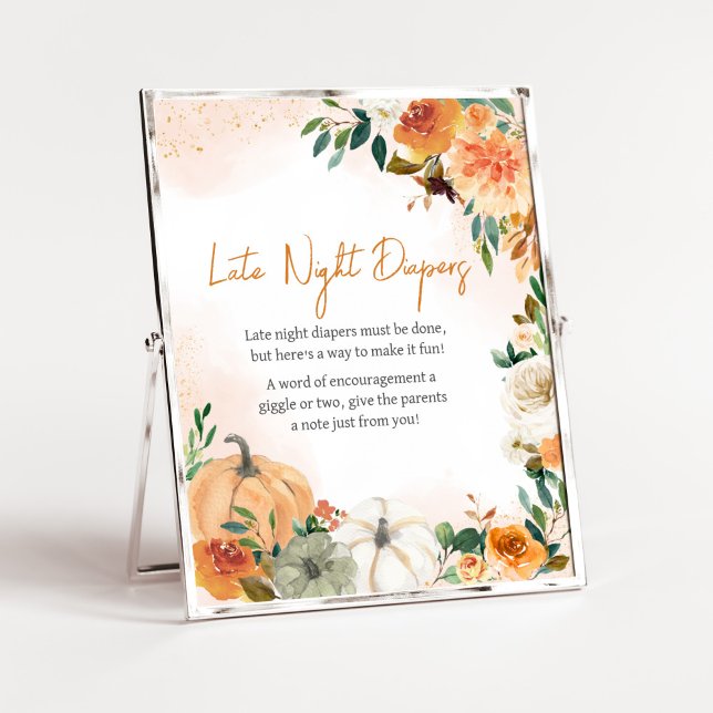 Orange Autumn Floral Pumpkin Late Night Diapers Poster (Autumn Floral Pumpkin Baby Shower Late Night Diapers Sign)