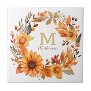 Orange Autumn Floral Wreath Monogram Tile