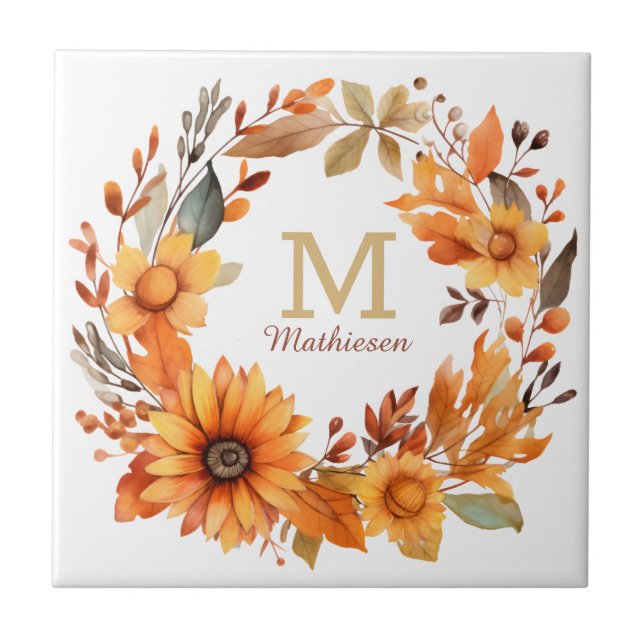Orange Autumn Floral Wreath Monogram Tile (Front)