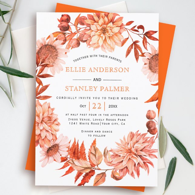Orange autumn flower wreath fall wedding invitation (Creator Uploaded)