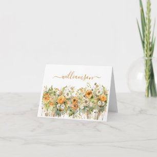 Orange Autumn Flowers Last Name Note Card