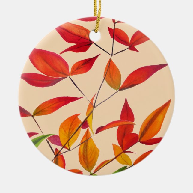 Orange Autumn leaves original watercolour art Ceramic Tree Decoration (Front)