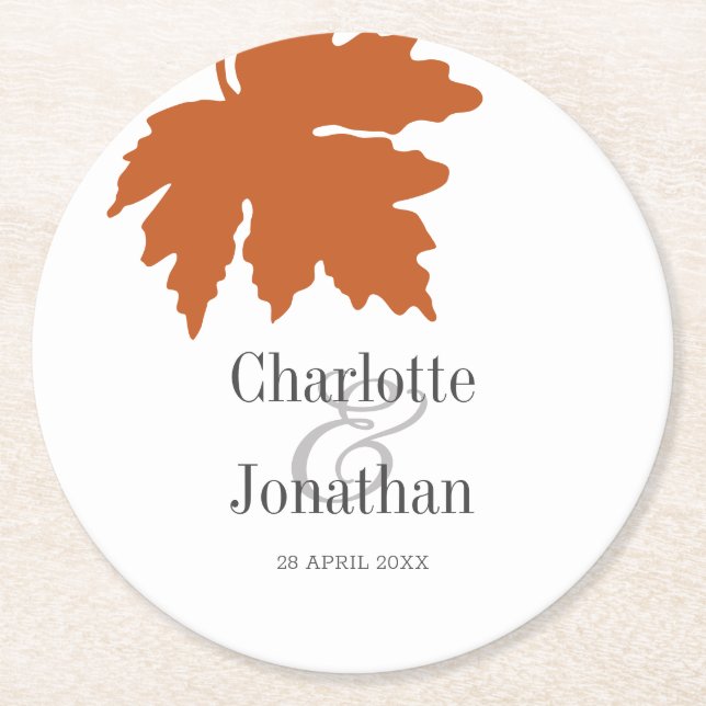 Orange Autumn Maple Leaf Wedding/Engagement   Round Paper Coaster (Front)