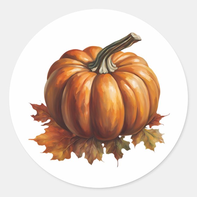 Orange Autumn Pumpkin and Maple Leaves Classic Round Sticker (Front)