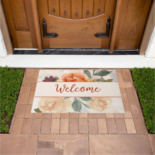 Orange autumn watercolor floral welcome doormat
