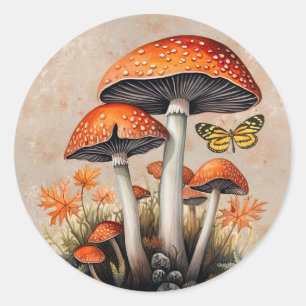 Orange Autumn Woodland Mushrooms Classic Round Sticker
