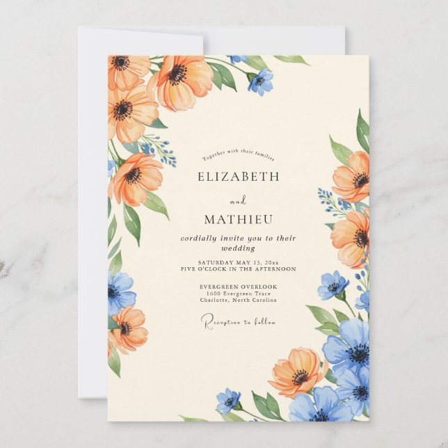 Orange Azure Ethereal Botanical Wedding Invitation (Front)
