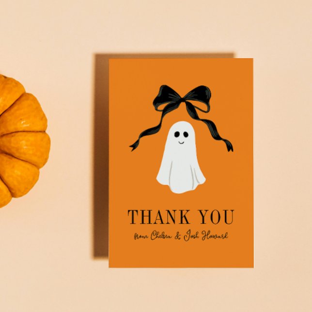 Orange Baby Boo Ghost Halloween Thank You Card (orange halloween baby shower thank you card for the little boo that's almost due with a cute ghost)