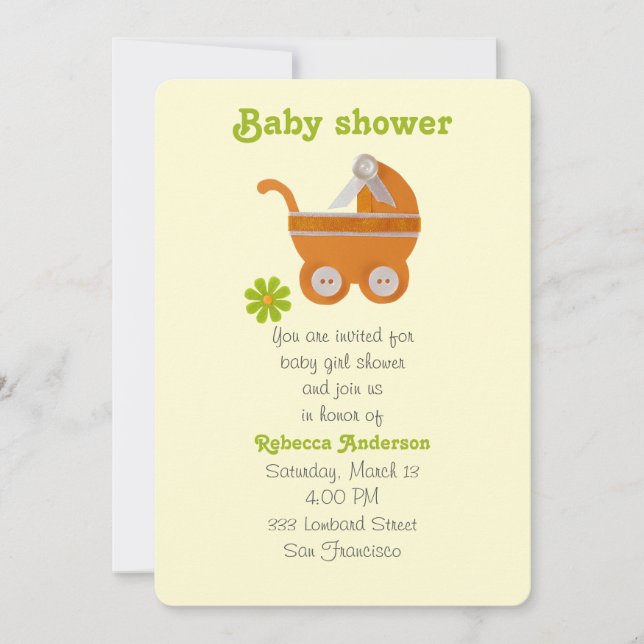 Orange baby carriage, green flower for baby shower invitation (Front)
