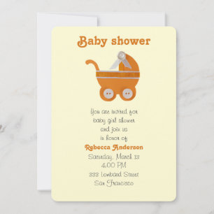 Orange baby carriage, white button for baby shower invitation
