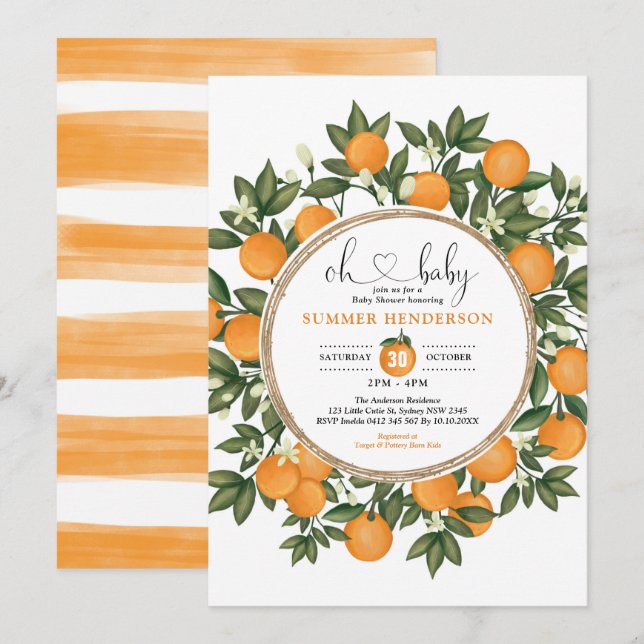 Orange Baby Shower Summer Citrus Boho Greenery Invitation (Front/Back)