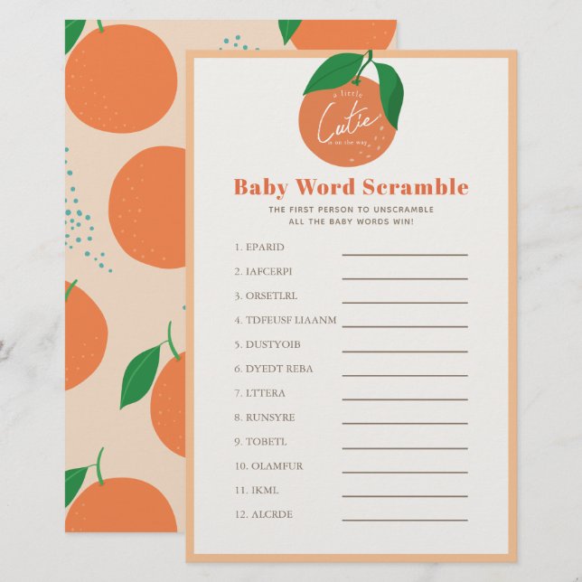 Orange Baby Word Scramble Baby Shower Game (Front/Back)