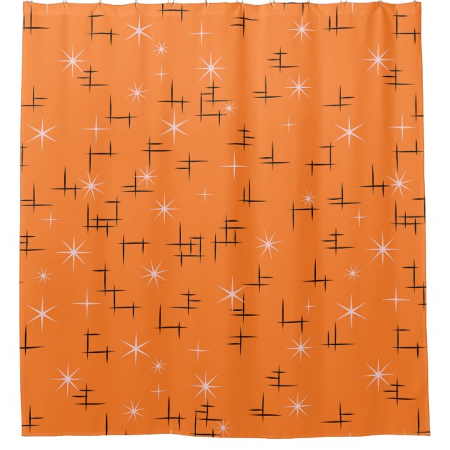 Orange Background Abstract Lines and Retro Stars Shower Curtain (Front)