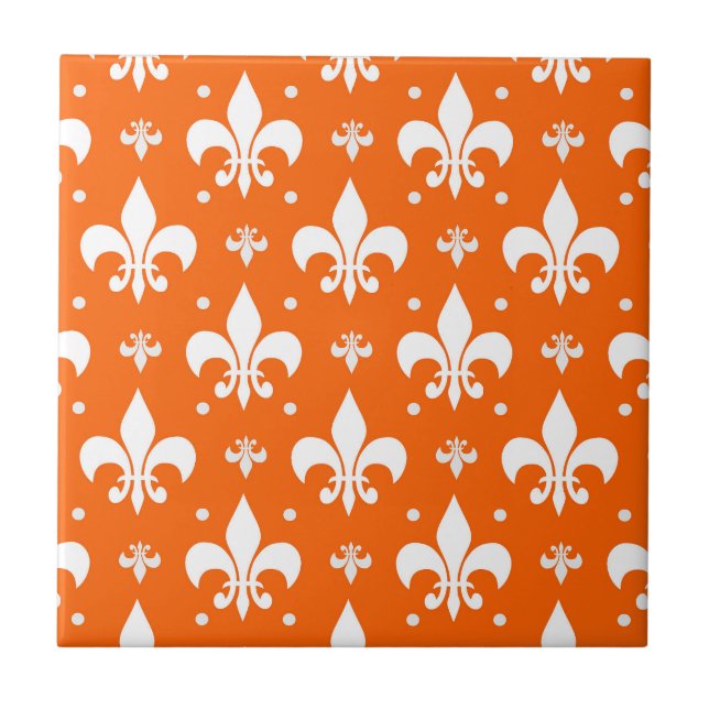 Orange Background Fleur-de-lis Pattern Design  Tile (Front)