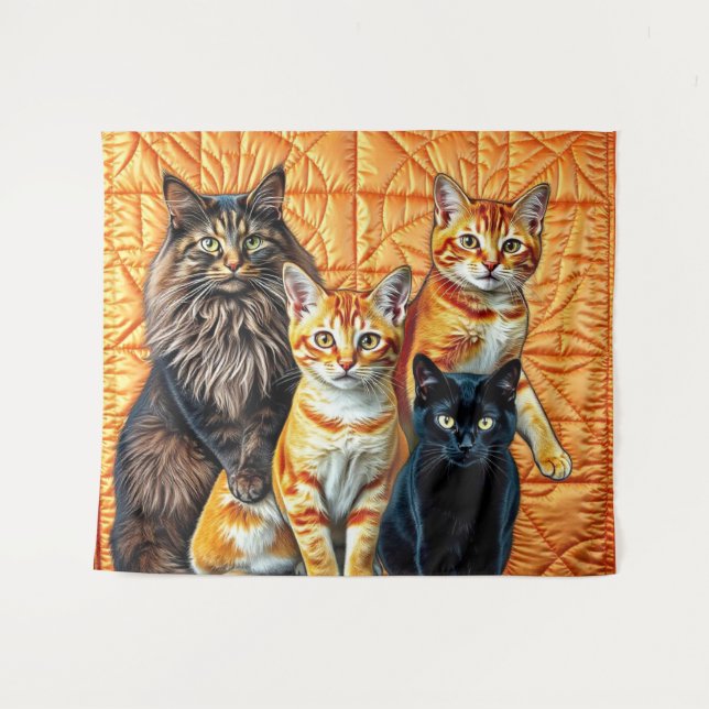 Orange Background Quilt Four Cats Tapestry (Front (Horizontal))