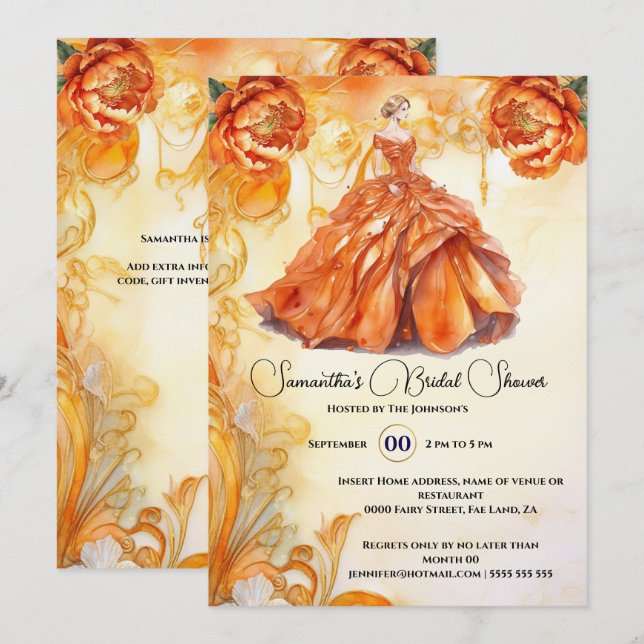 Orange ballgown peony flowers bride to be invitation (Front/Back)