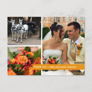Orange band modern 3 photo montage thank you note postcard