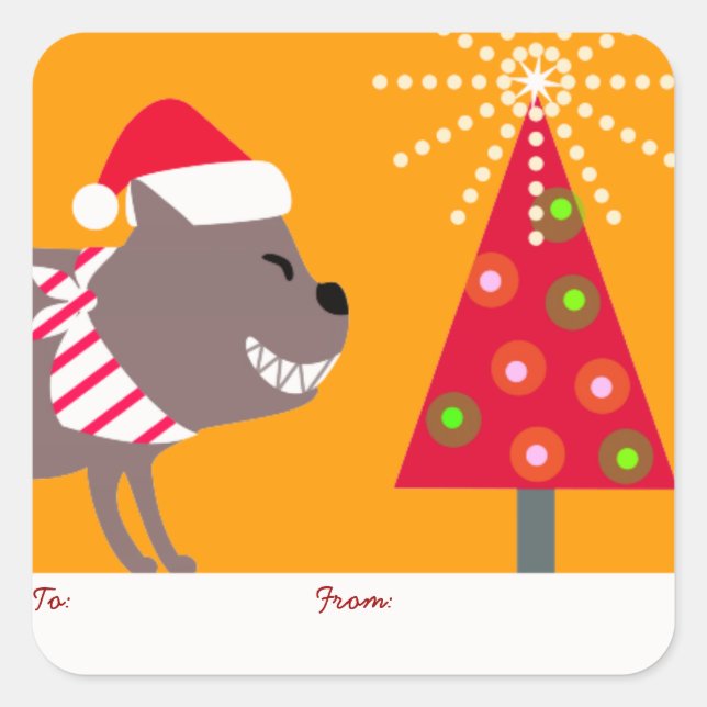 Orange Bandanna Dog & Christmas Tree Square Sticker (Front)