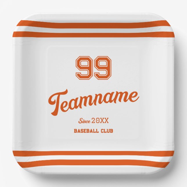 Orange Baseball Custom Player Number & TeamName Paper Plate (Front)