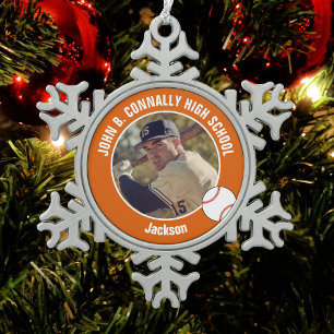 Orange Baseball Player Photo High School Snowflake Pewter Christmas Ornament