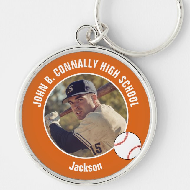 Orange Baseball Player Photo High School Spirit Key Ring (Front)