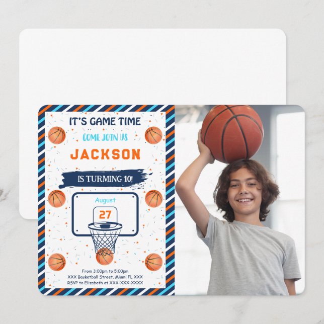 Orange Basketball Birthday Photo Invitation (Front/Back)